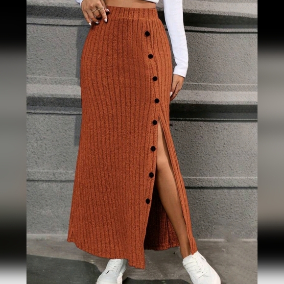 High Waist Button Side Split Thigh Skirt - Picture 1 of 6
